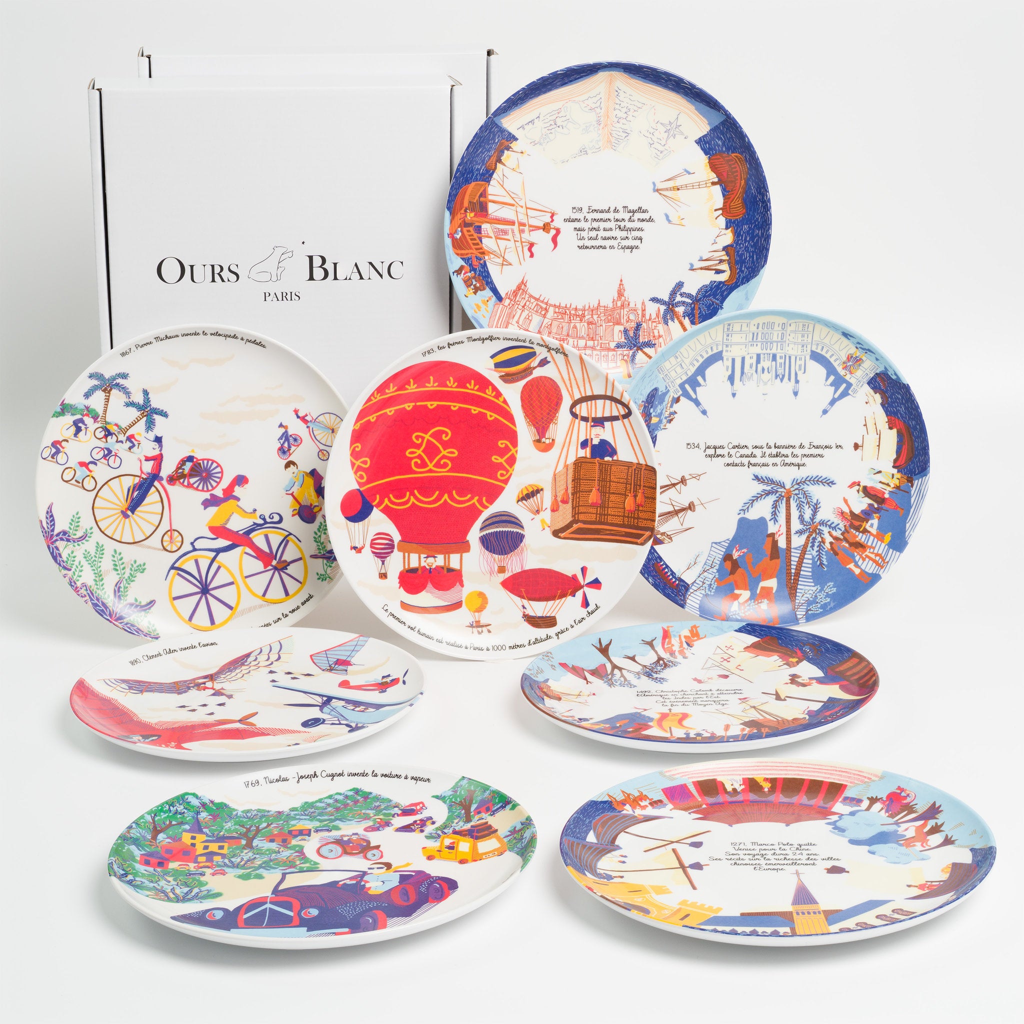 Duo de coffrets cadeaux vaisselle en mélamine Inventions et Explorateurs