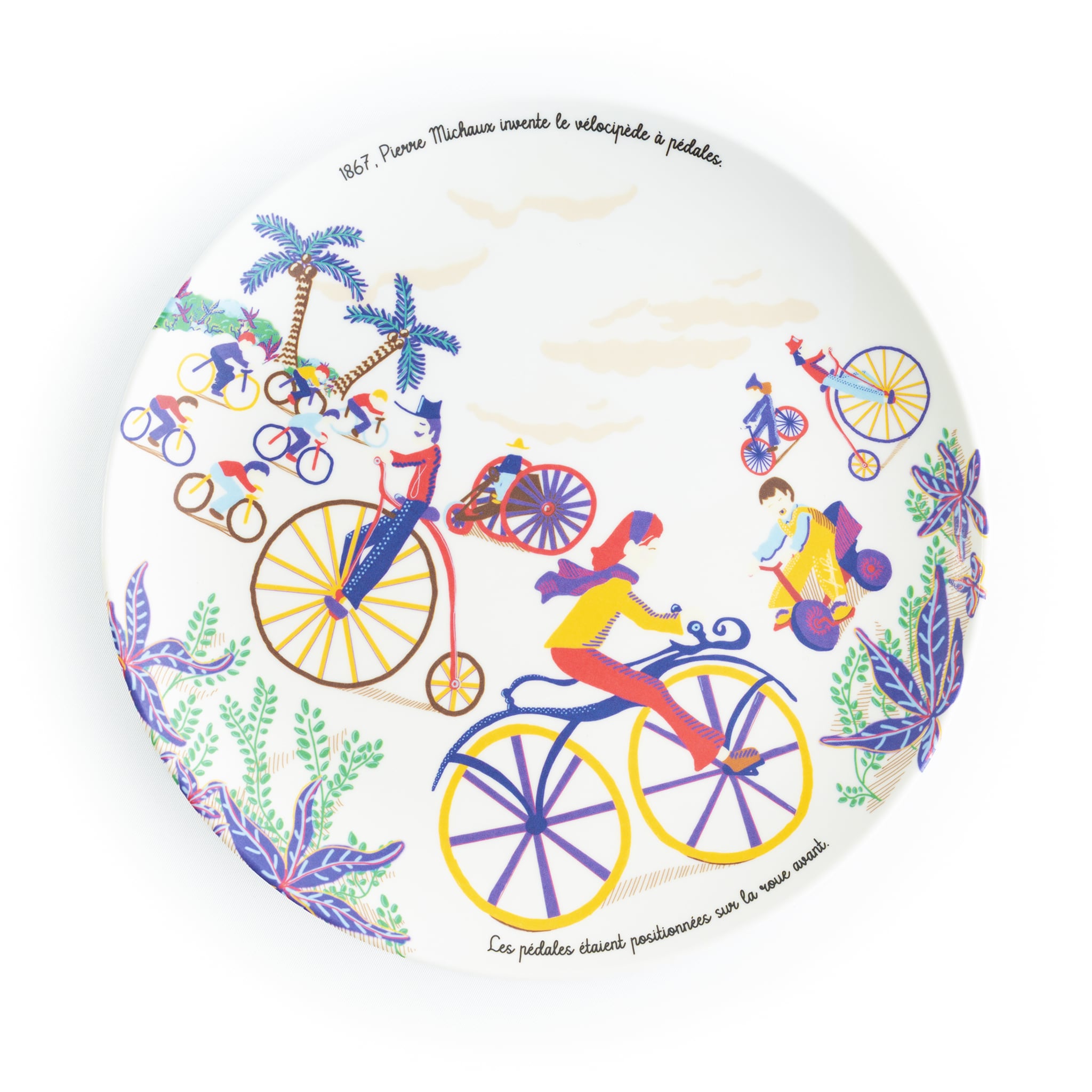 Assiette plate en mélamine à dessert sur l'histoire de la bicyclette