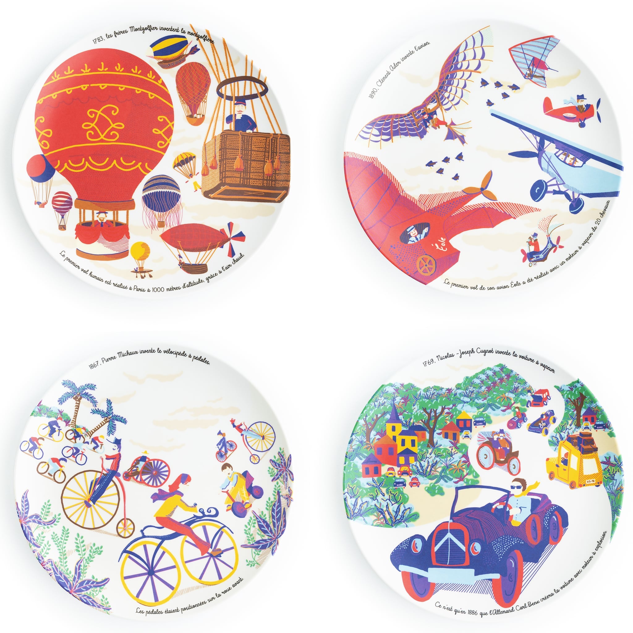 Coffret de 4 Assiettes plates en mélamine à dessert sur l'histoire des grandes inventions françaises