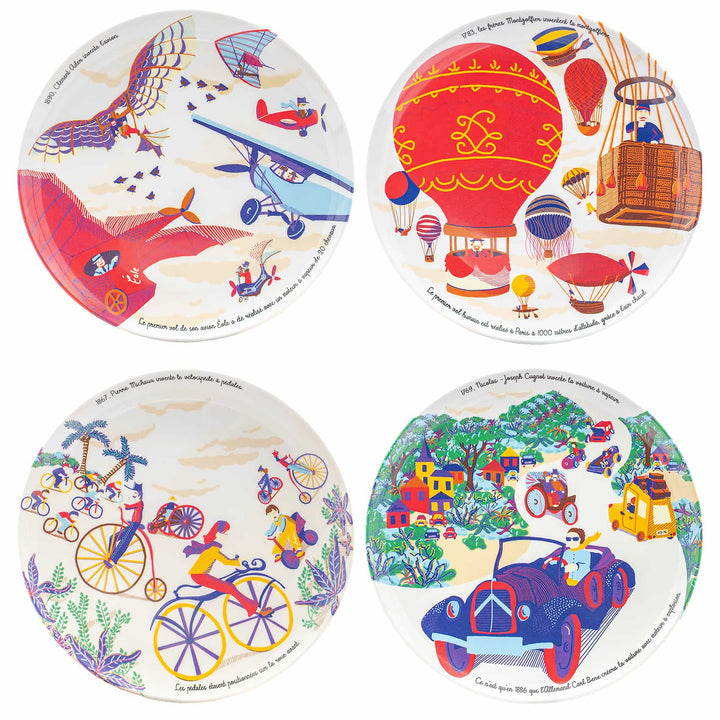 Coffret de 4 Assiettes plates en mélamine à dessert sur l'histoire des grandes inventions françaises