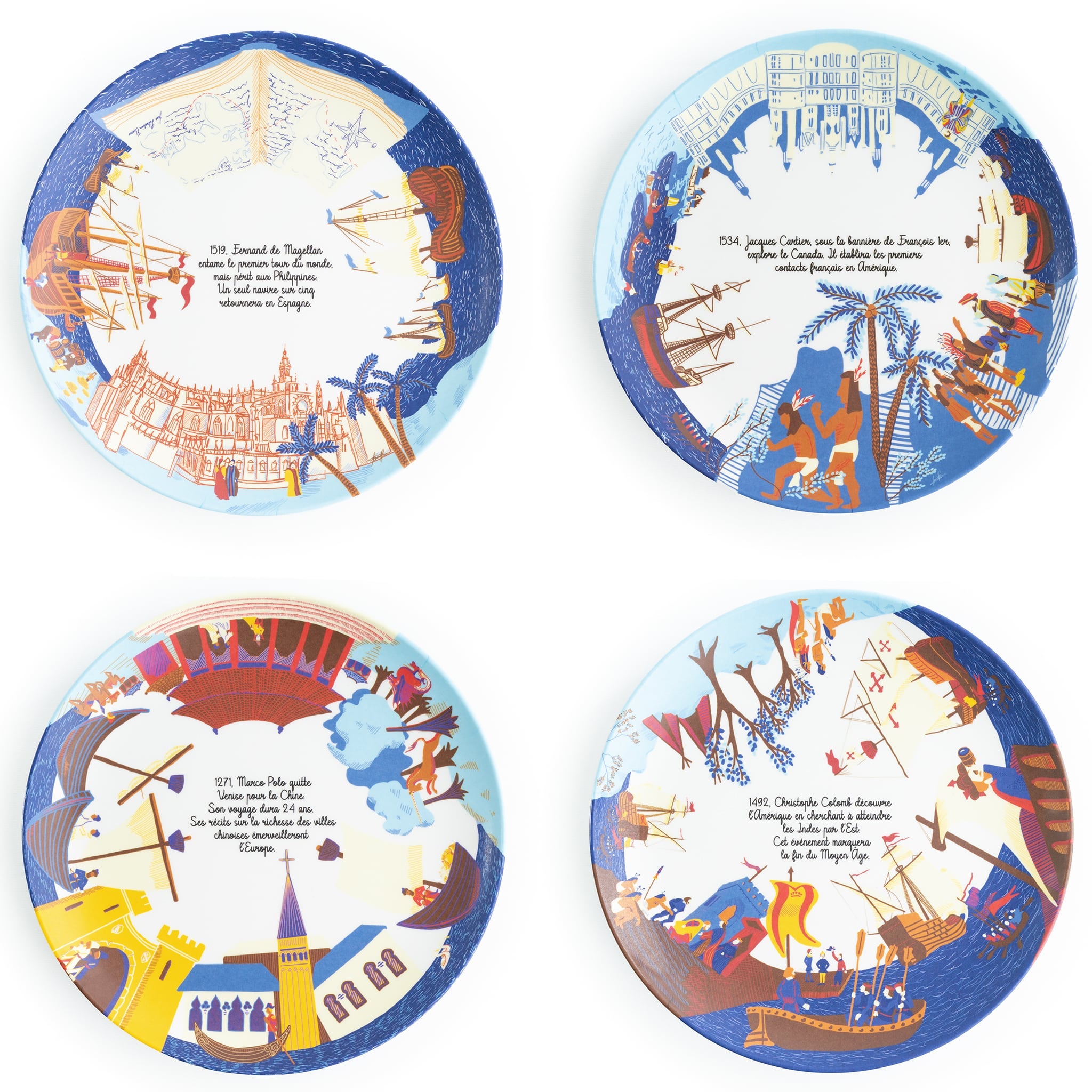 Coffret de 4 Assiettes plates en mélamine à dessert sur l'histoire des grands explorateurs