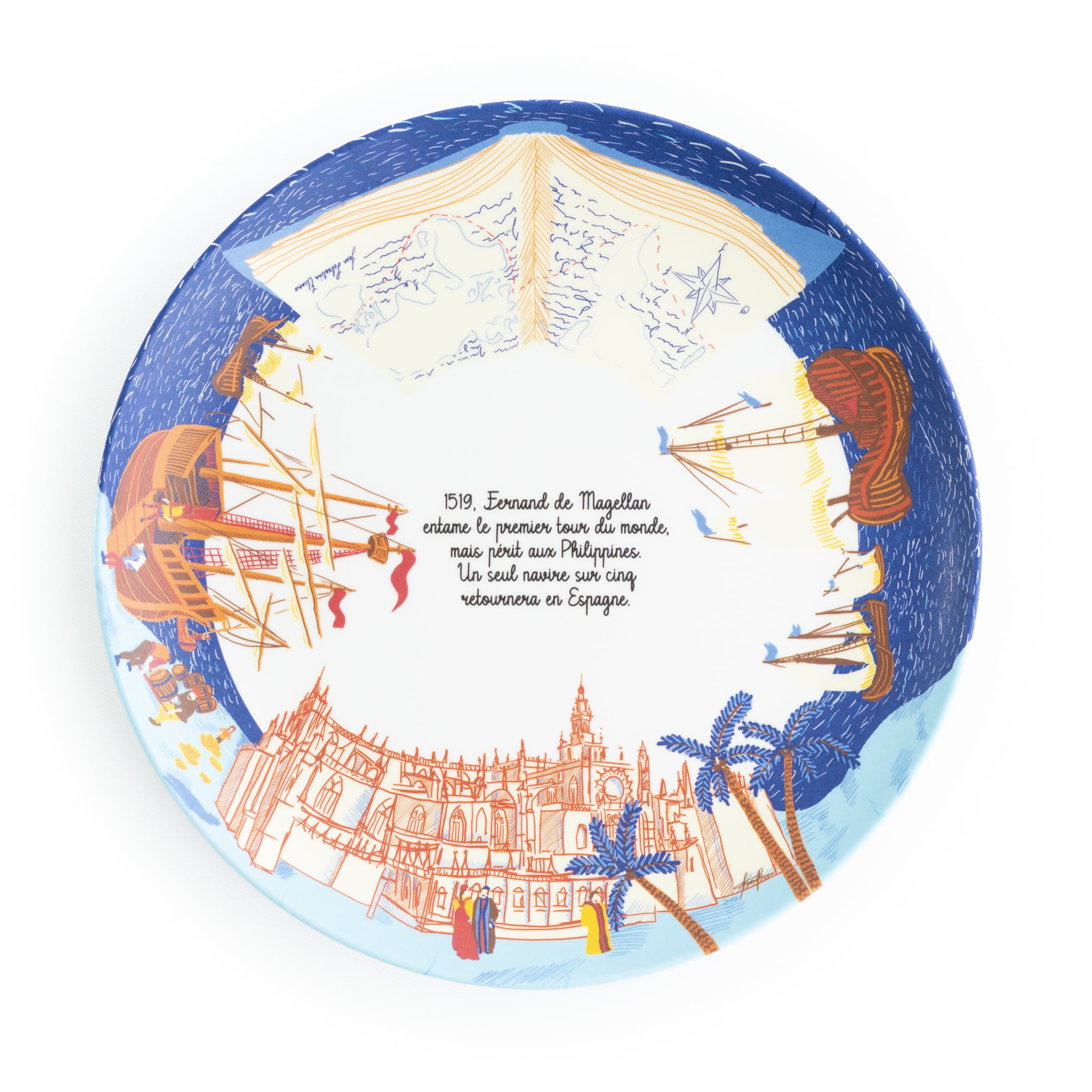 Assiette plate en mélamine à dessert sur l'histoire de Fernand de Magellan
