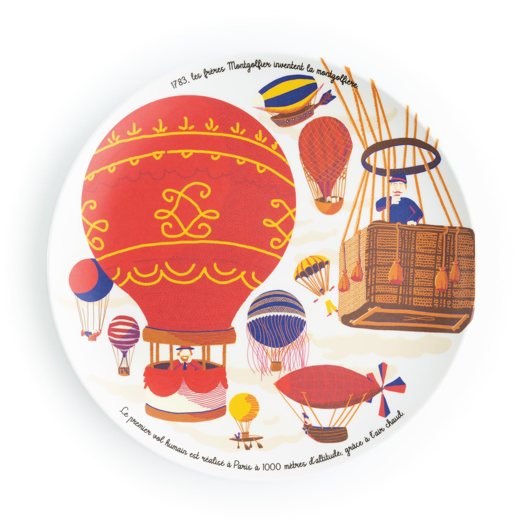 Assiette plate en mélamine à dessert sur l'histoire de la montgolfière