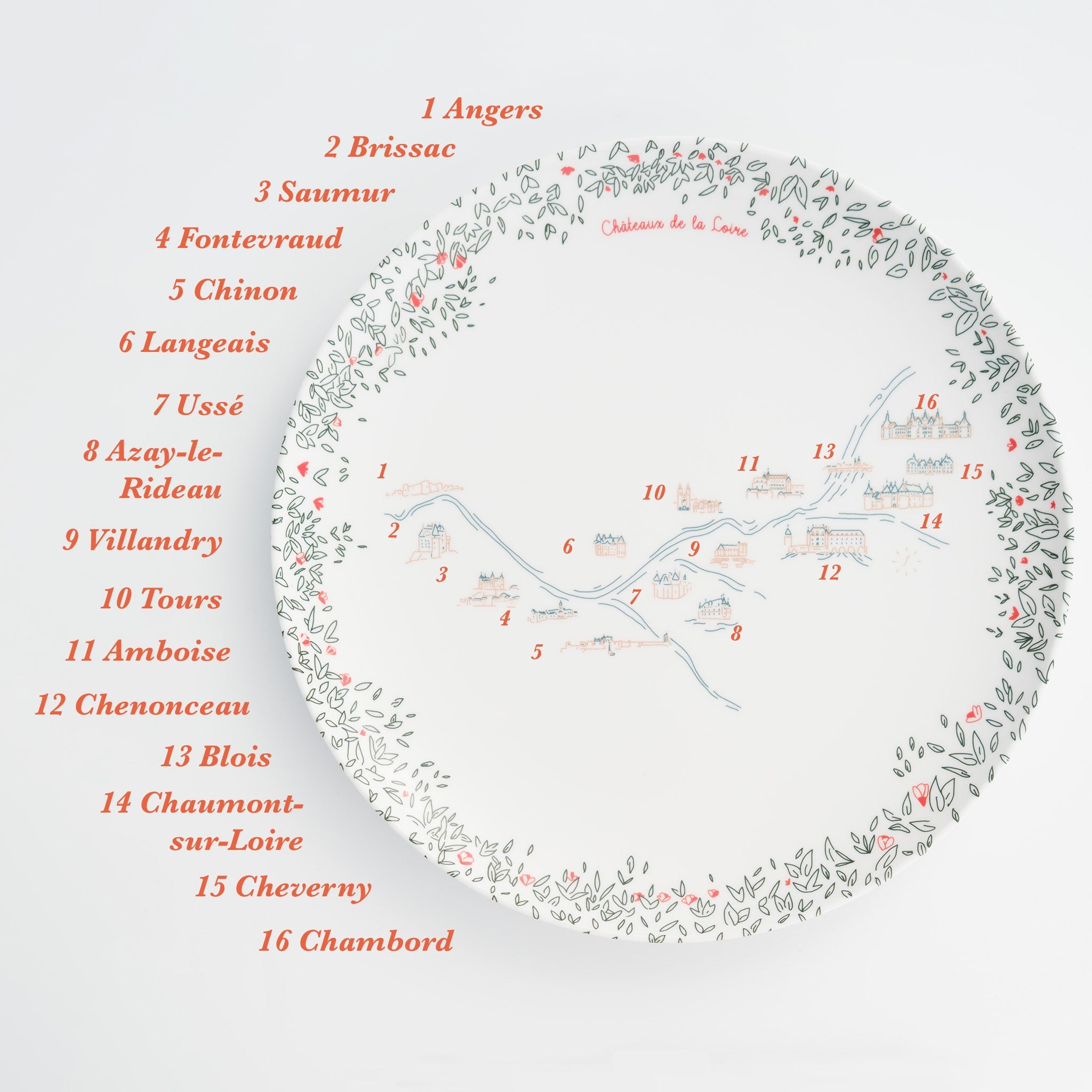 Service complet - Les châteaux de la Loire - 4 grandes assiettes en mélamine Ø 24 cm et 4 assiettes en mélamine Ø 21 cm à dessert.