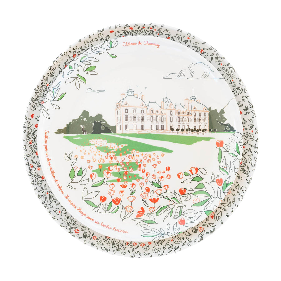 Service complet - Les châteaux de la Loire - 4 grandes assiettes en mélamine Ø 24 cm et 4 assiettes en mélamine Ø 21 cm à dessert.
