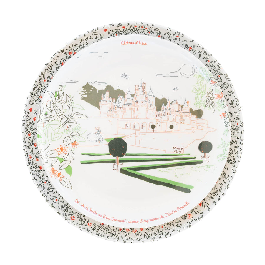 Service complet - Les châteaux de la Loire - 4 grandes assiettes en mélamine Ø 24 cm et 4 assiettes en mélamine Ø 21 cm à dessert.