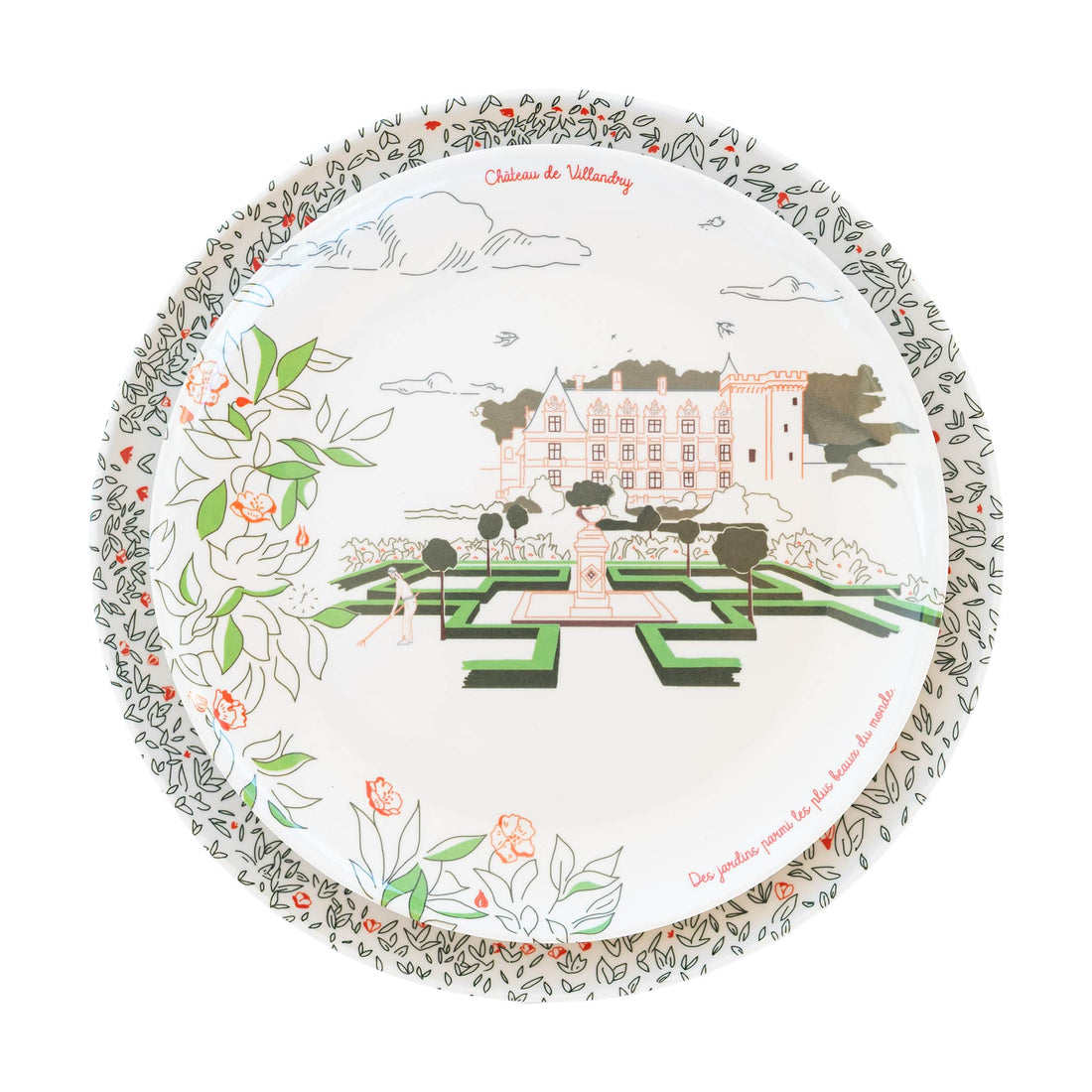 Service complet - Les châteaux de la Loire - 4 grandes assiettes en mélamine Ø 24 cm et 4 assiettes en mélamine Ø 21 cm à dessert.