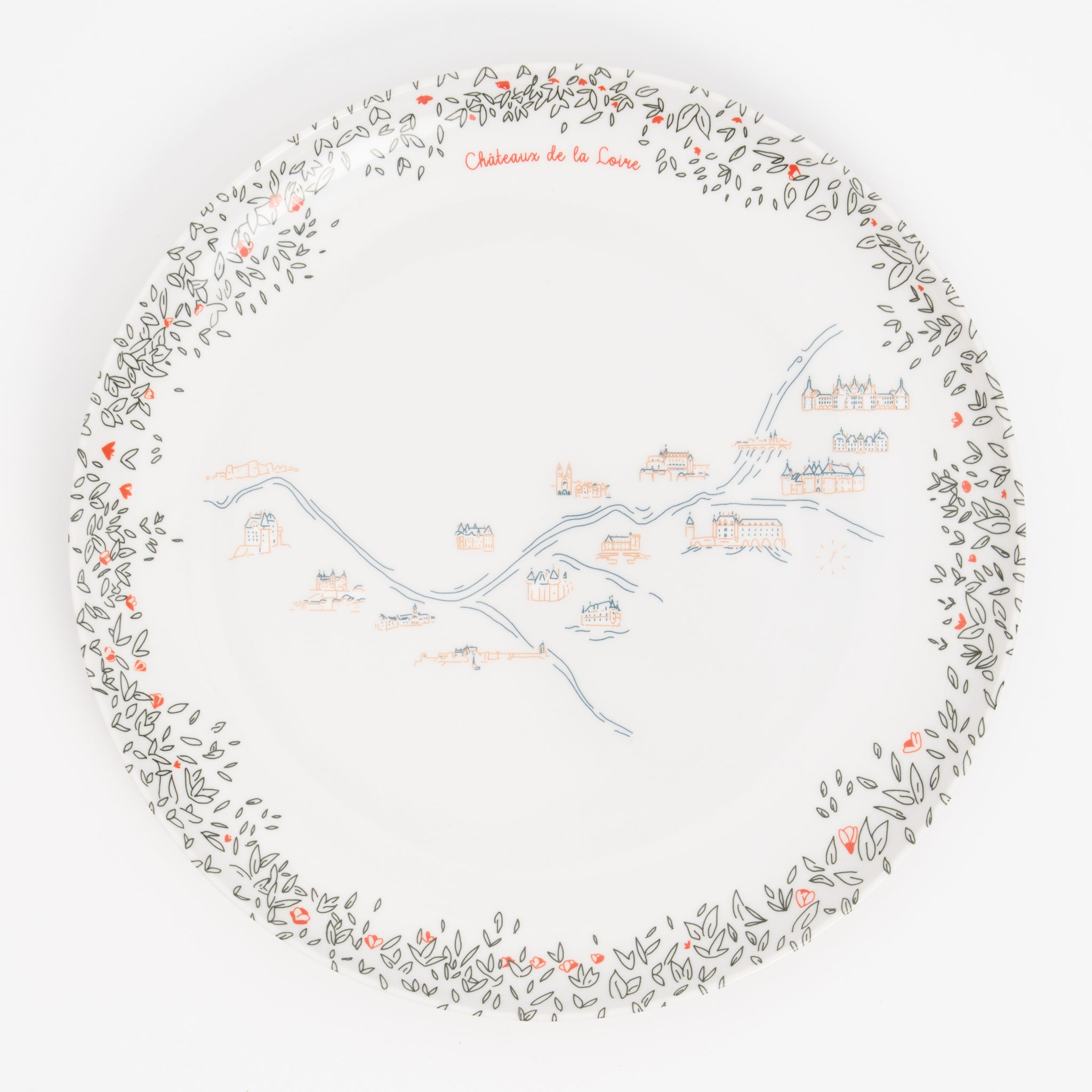 Grande assiette plate en mélamine Ø 24 cm, illustration panoramique des Châteaux de la Loire · Ours Blanc Paris
