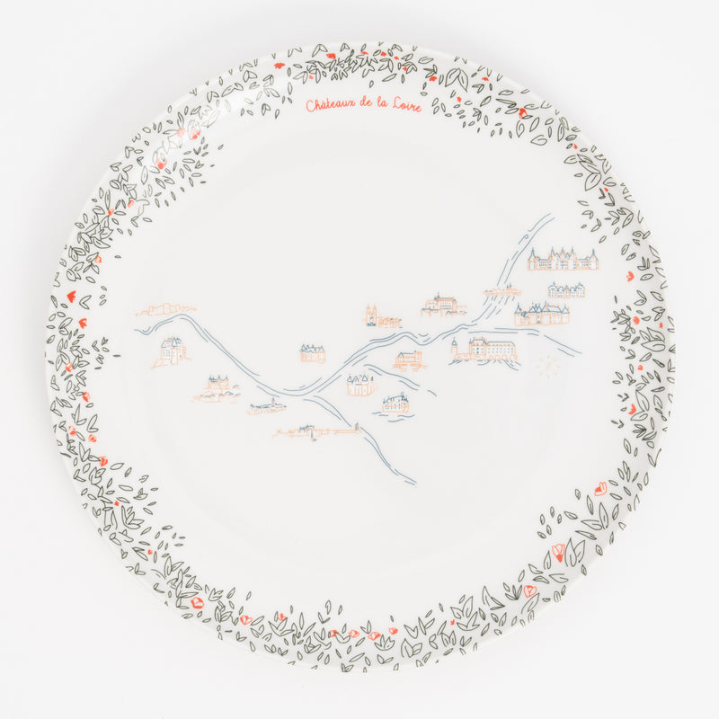 Grande assiette plate en mélamine Ø 24 cm, illustration panoramique des Châteaux de la Loire · Ours Blanc Paris