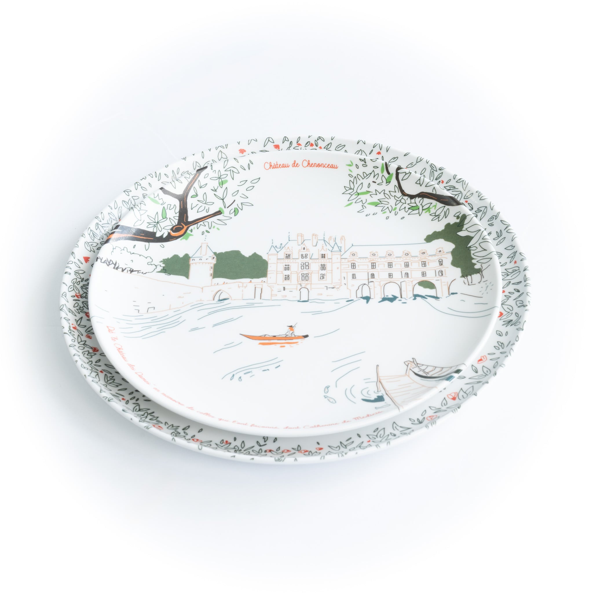 Service complet - Les châteaux de la Loire - 4 grandes assiettes en mélamine Ø 24 cm et 4 assiettes en mélamine Ø 21 cm à dessert.