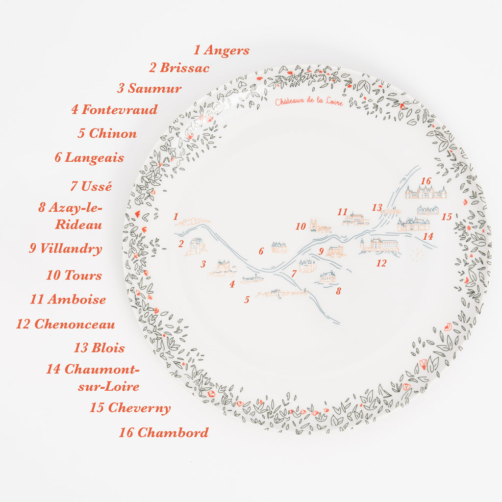 Carte du Val de Loire et de ses châteaux illustrée sur la grande assiette en mélamine · Ours Blanc Paris