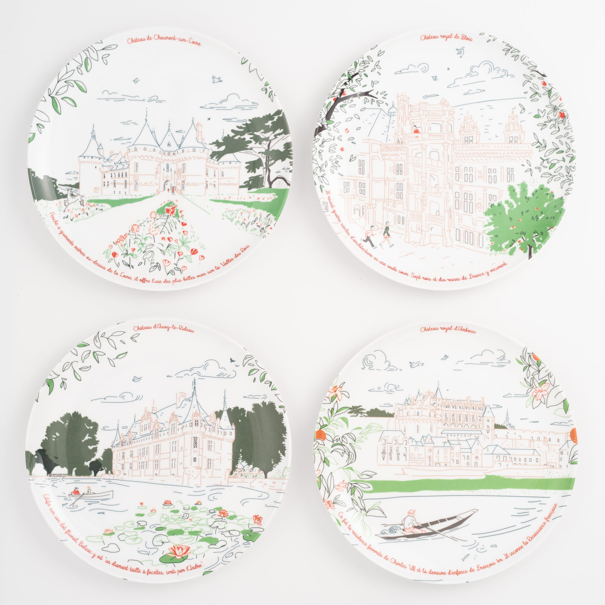 Les 4 assiettes à dessert du Coffret 2 Les Châteaux de la Loire · Ours Blanc Paris