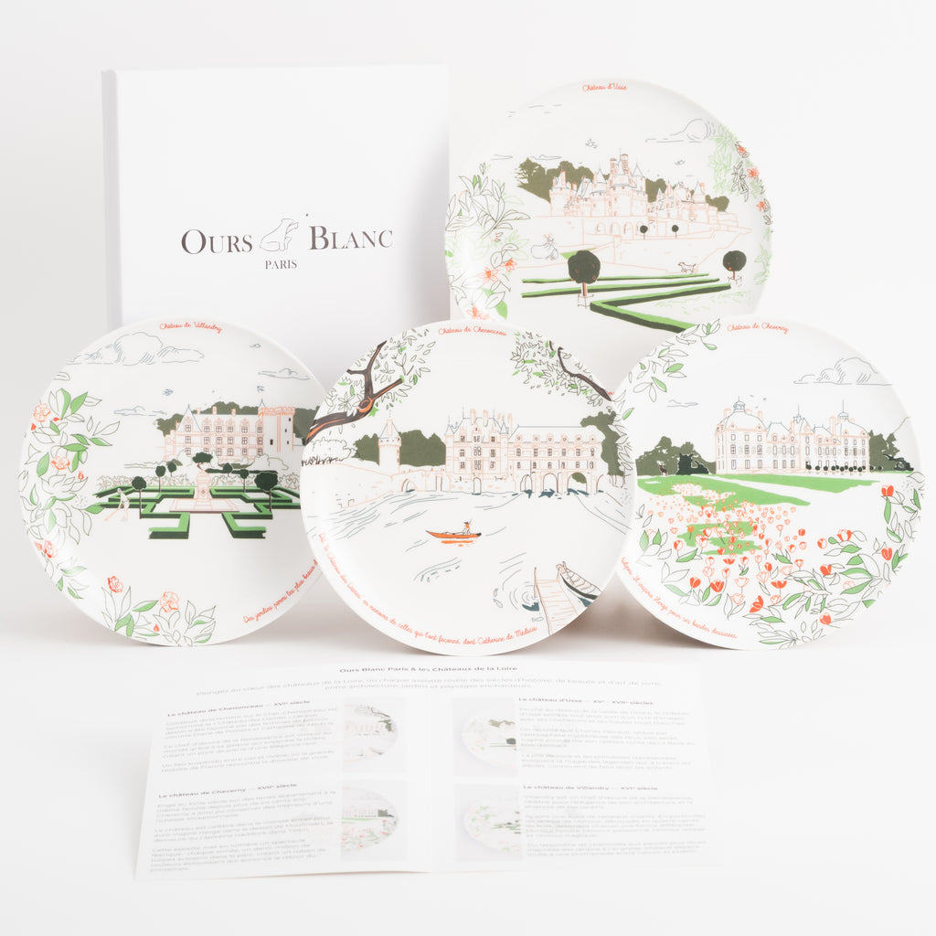 Coffret 1 de 4 assiettes à dessert en mélamine Les Châteaux de la Loire · Ours Blanc Paris