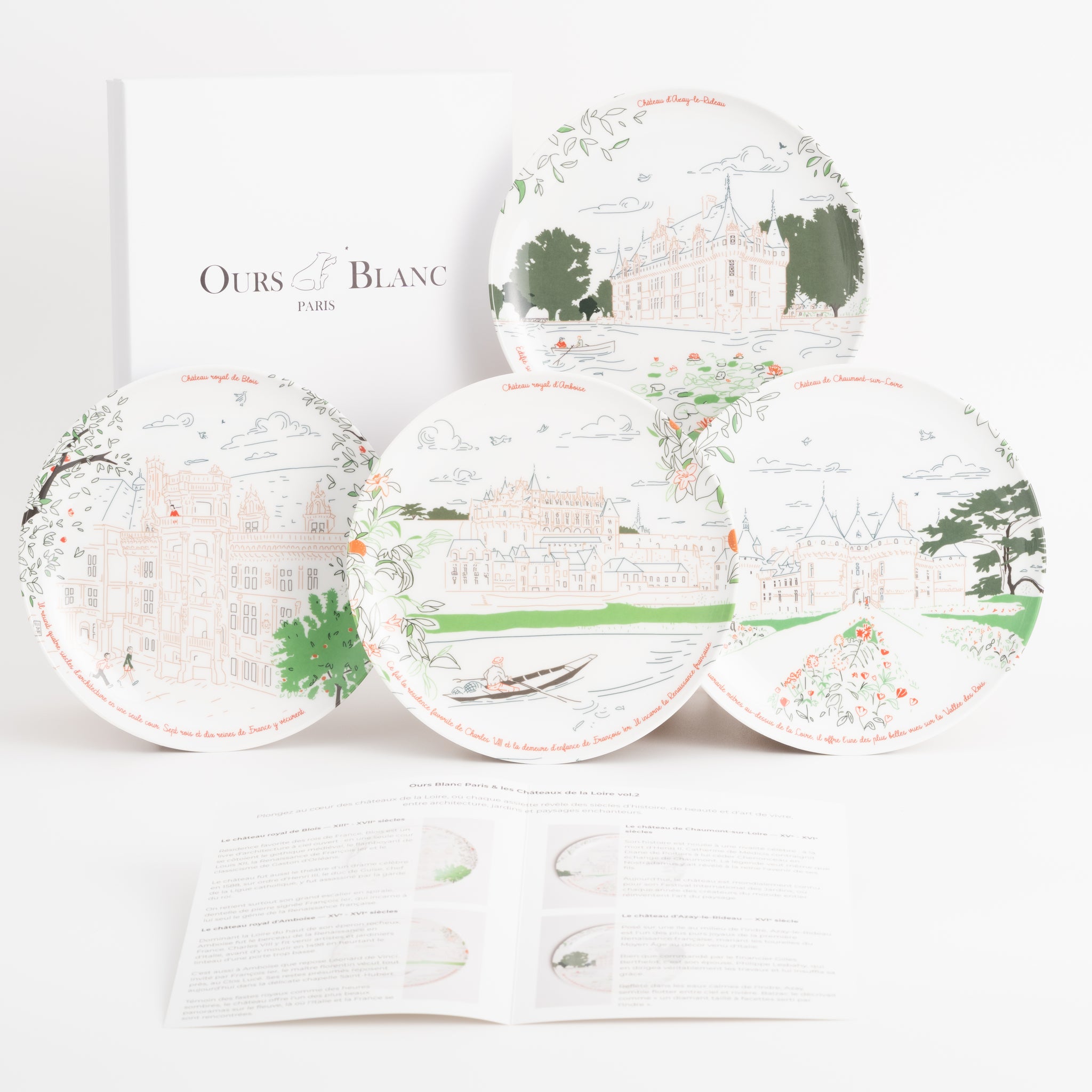 Coffret 2 de 4 assiettes à dessert en mélamine Les Châteaux de la Loire · Ours Blanc Paris