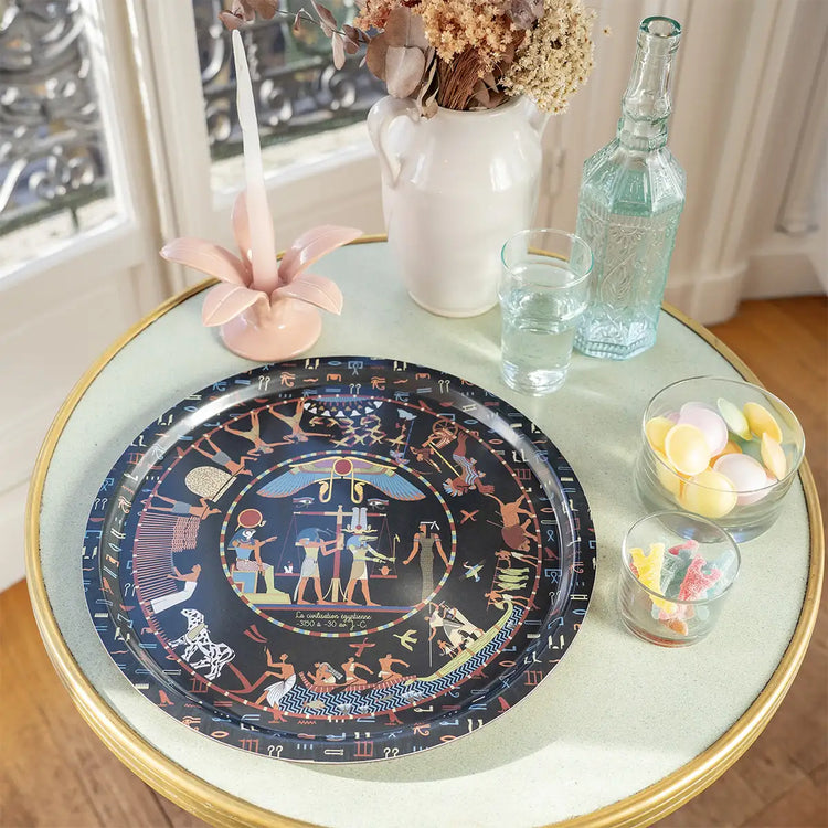 Plateau rond made in France - sur la civilisation égyptienne en bois stratifié couleur noir et marque Ours Blanc Paris