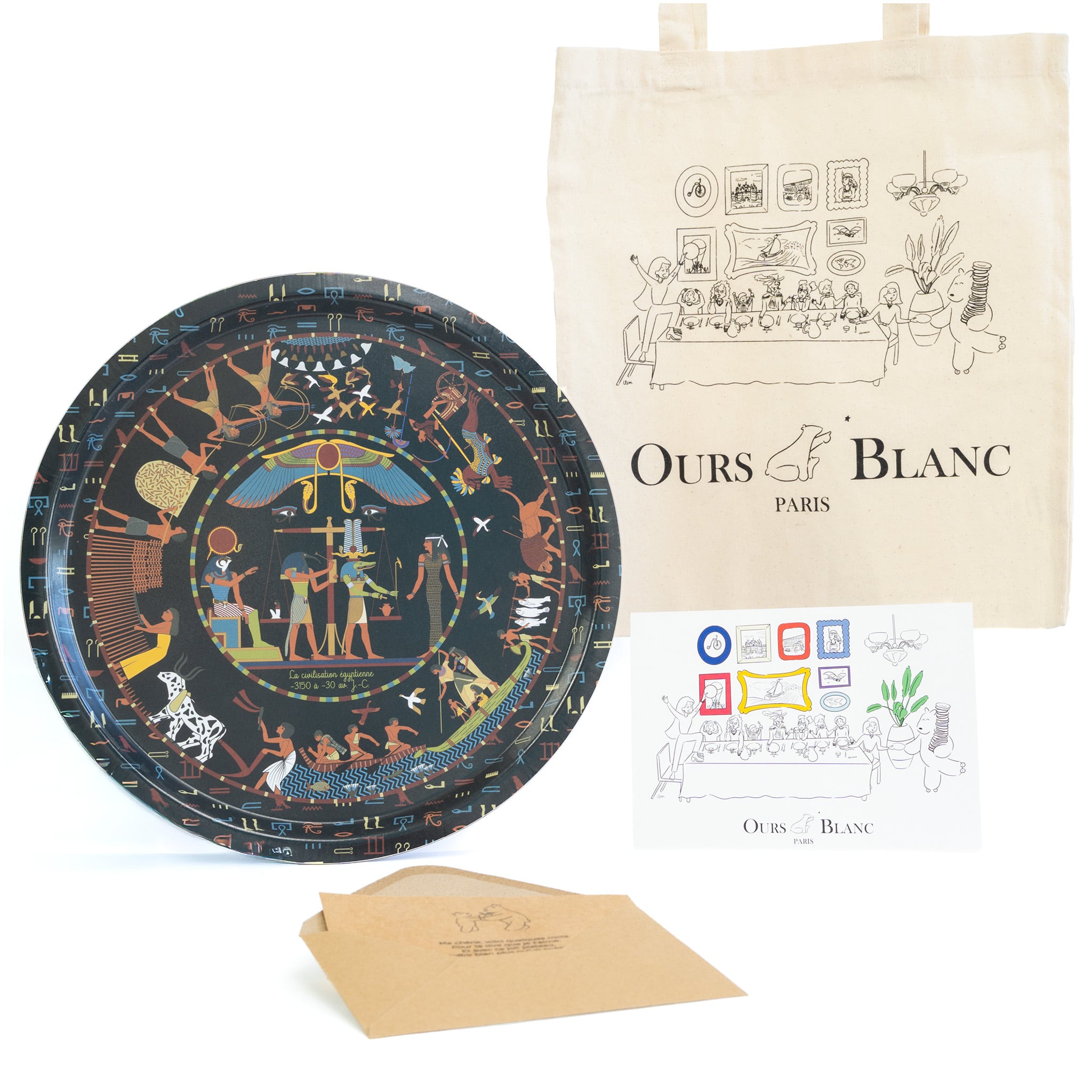 Tote Bag qui est livré avec le plateau sur l'Egypte antique en noir