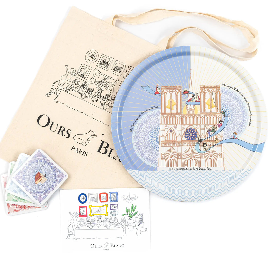 Packaging Ours Blanc Paris du plateau avec dessous de verre en bois stratifié sur Notre-Dame de Paris