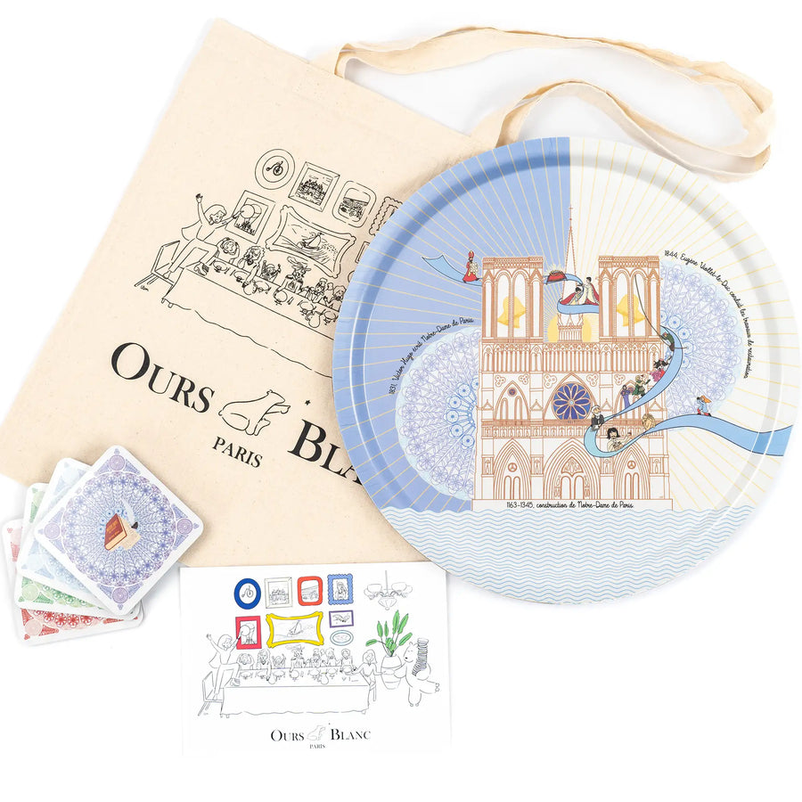 Packaging Ours Blanc Paris du plateau avec dessous de verre en bois stratifié sur Notre-Dame de Paris