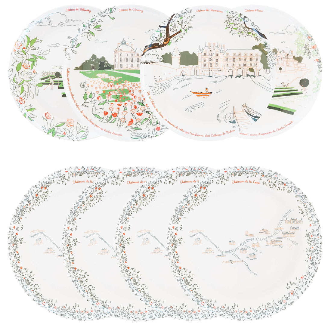 Service complet - Les châteaux de la Loire - 4 grandes assiettes en mélamine Ø 24 cm et 4 assiettes en mélamine Ø 21 cm à dessert.