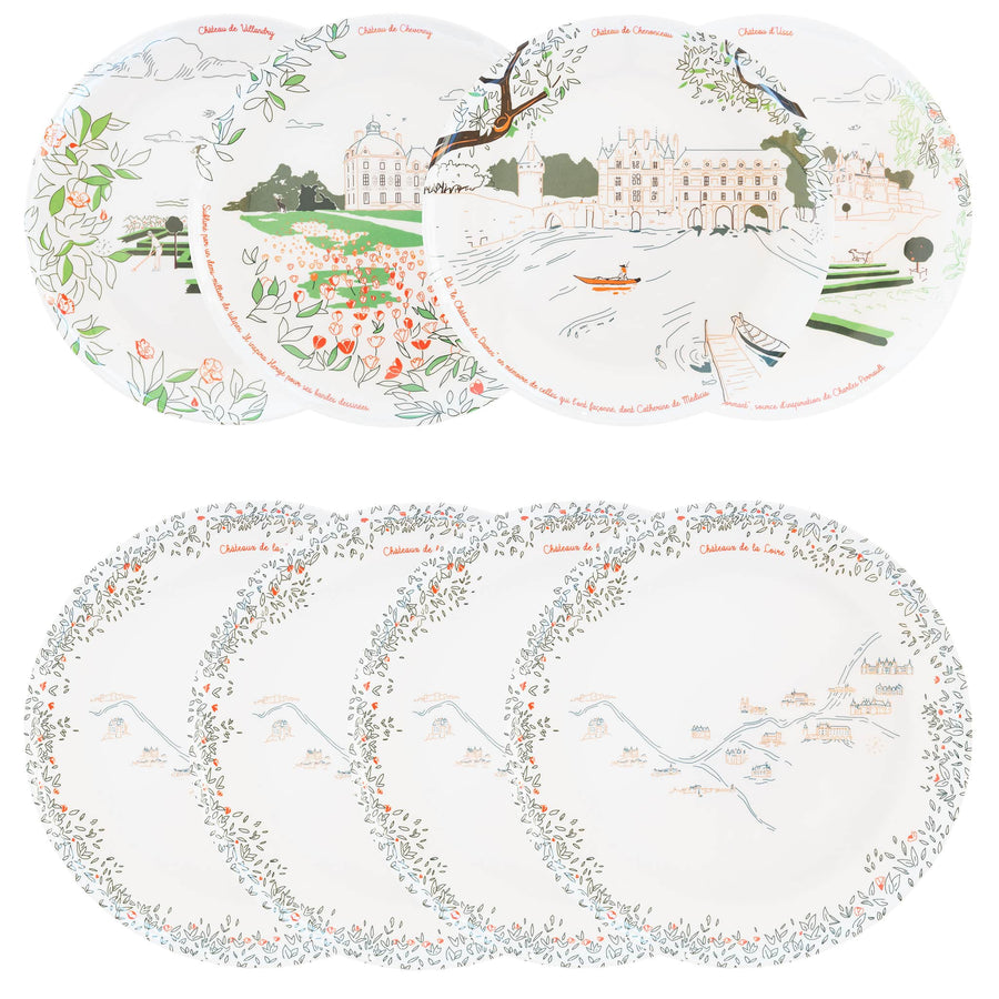 Service complet - Les châteaux de la Loire - 4 grandes assiettes en mélamine Ø 24 cm et 4 assiettes en mélamine Ø 21 cm à dessert.