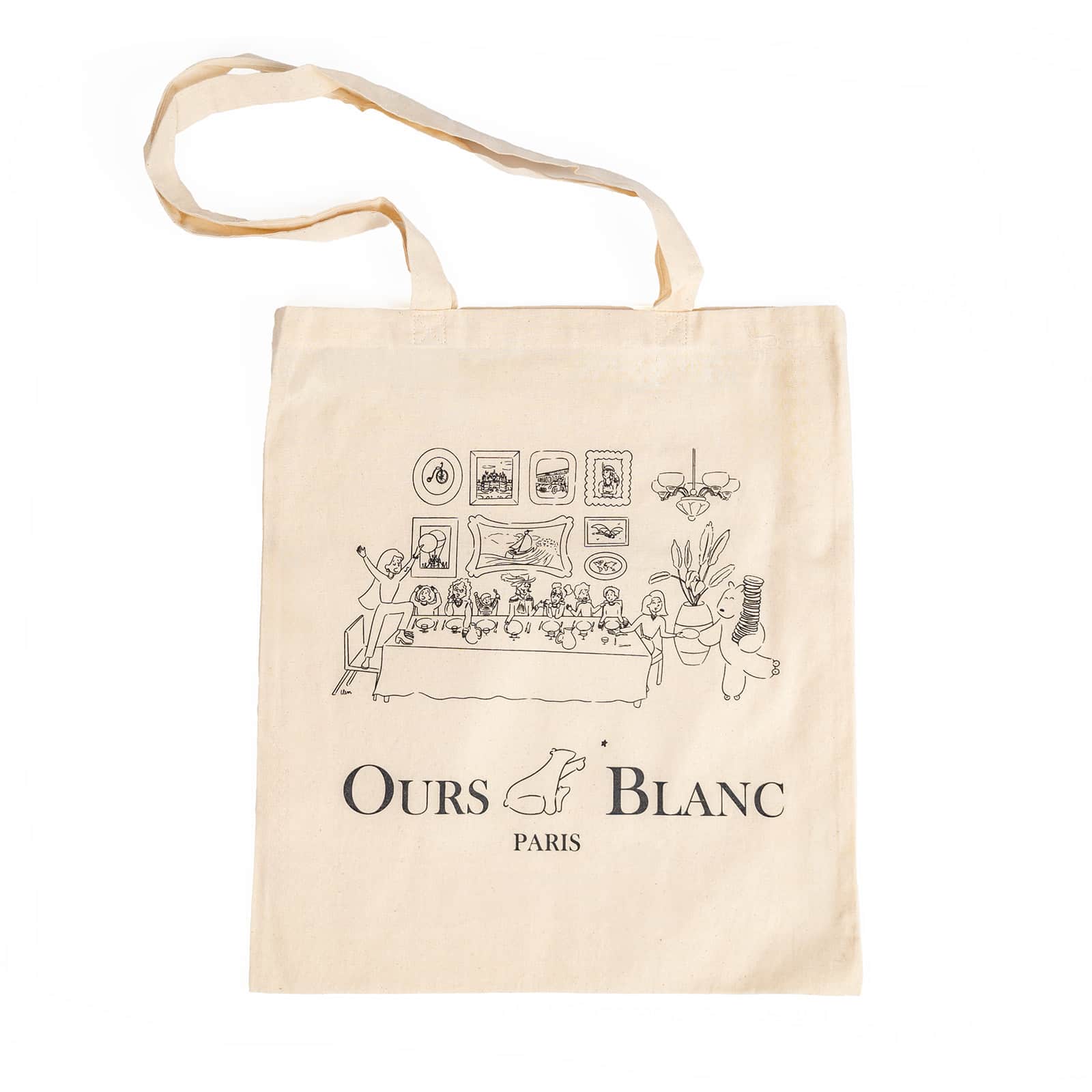 Sac en tissu - Tote Bag Ours Blanc Paris montrant un repas en famille avec des personnages fictifs