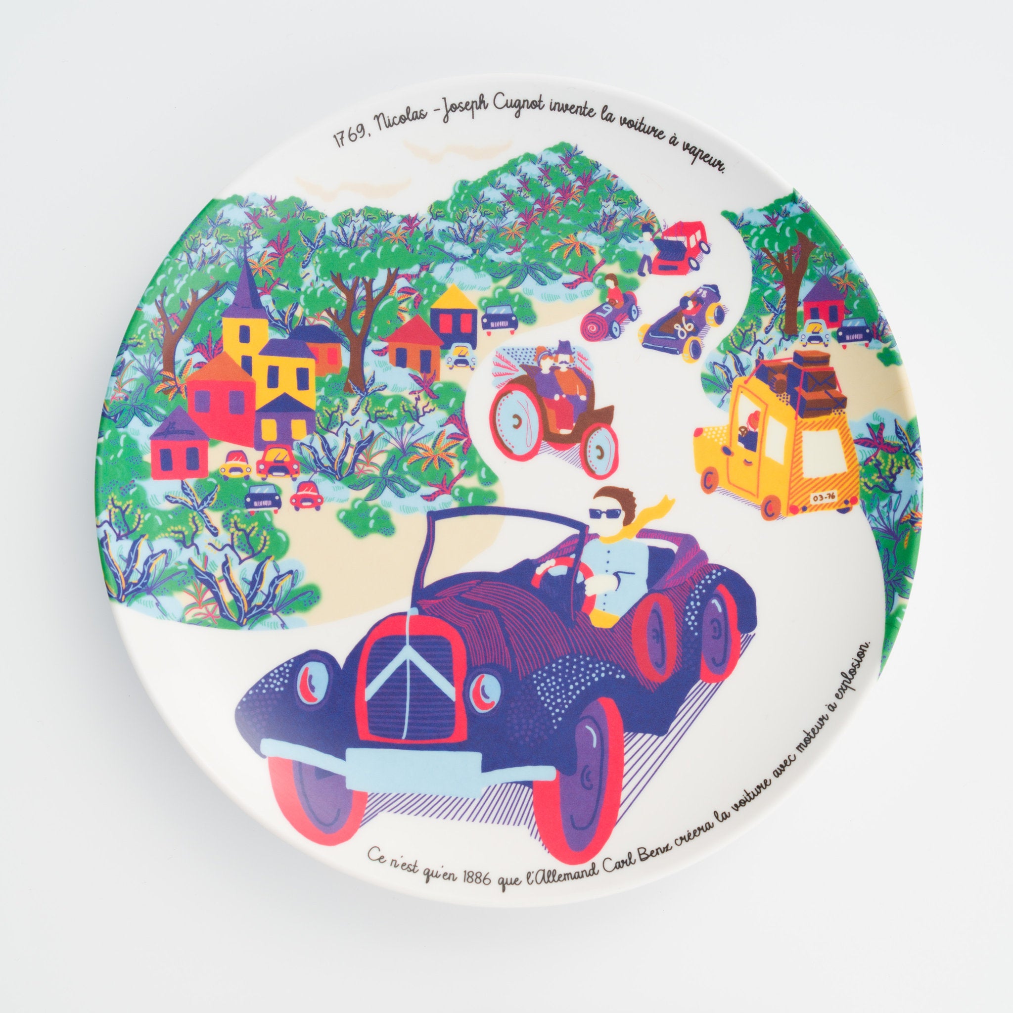 Assiette en mélamine illustration automobile de Cugnot - Assiette à dessert originale
