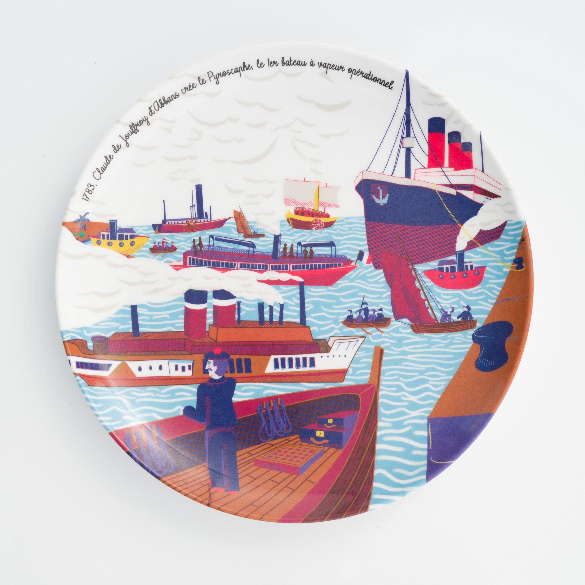 Assiette à dessert mélamine illustrée invention du Bateau à vapeur Ours Blanc Paris.