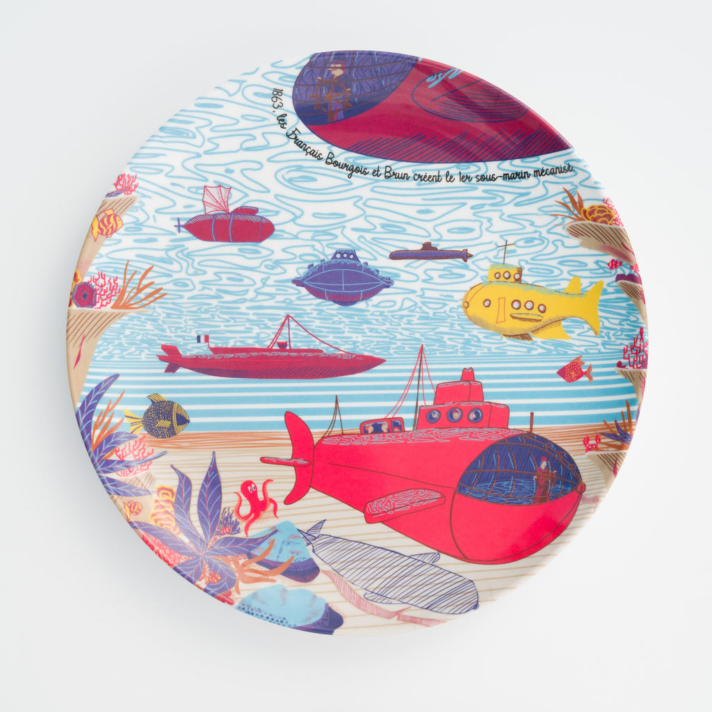 Assiette à dessert décorative illustration technique du premier Sous-marin en mélamine.