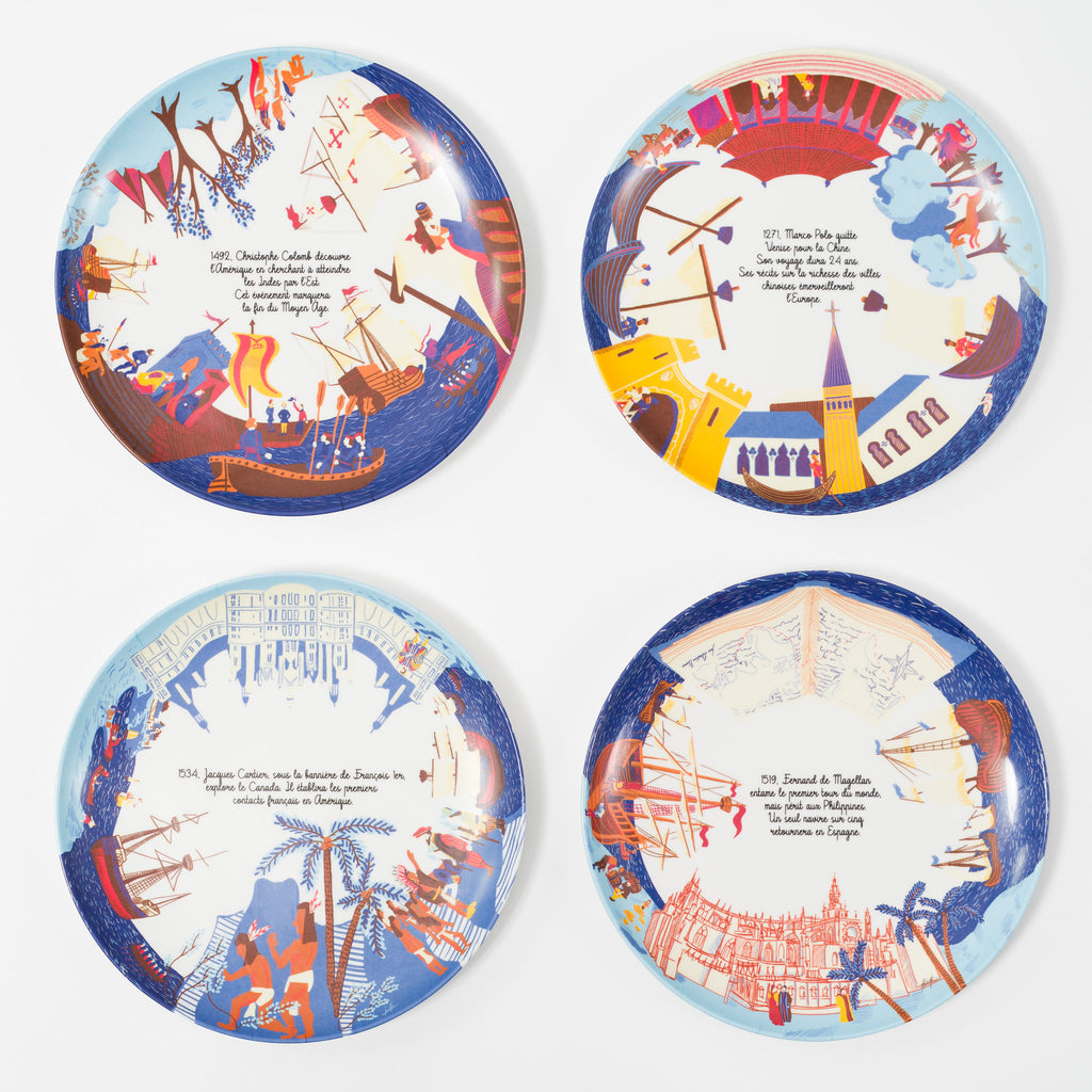 Coffret de 4 assiettes à dessert en mélamine biosourcée - Les Grands Explorateurs