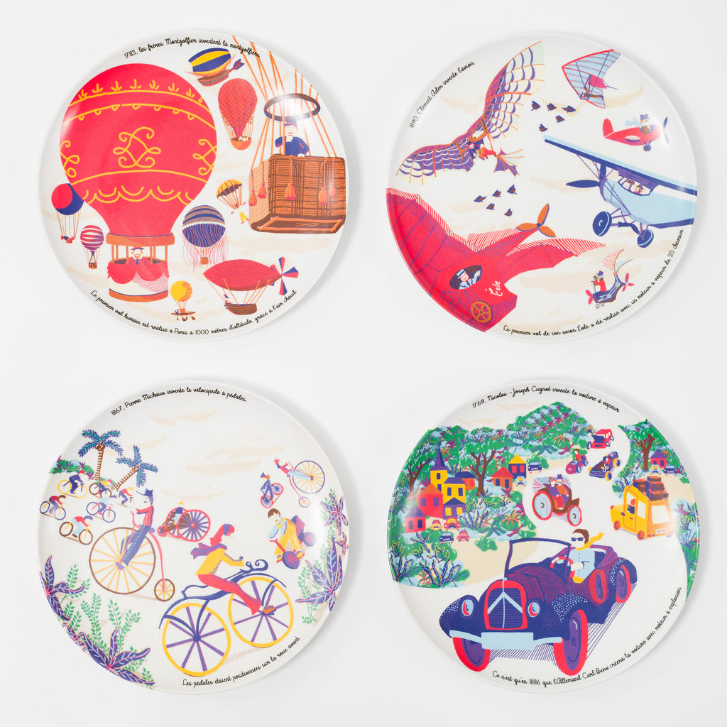 Coffret cadeau d'assiettes en mélamine thématique Inventions Françaises