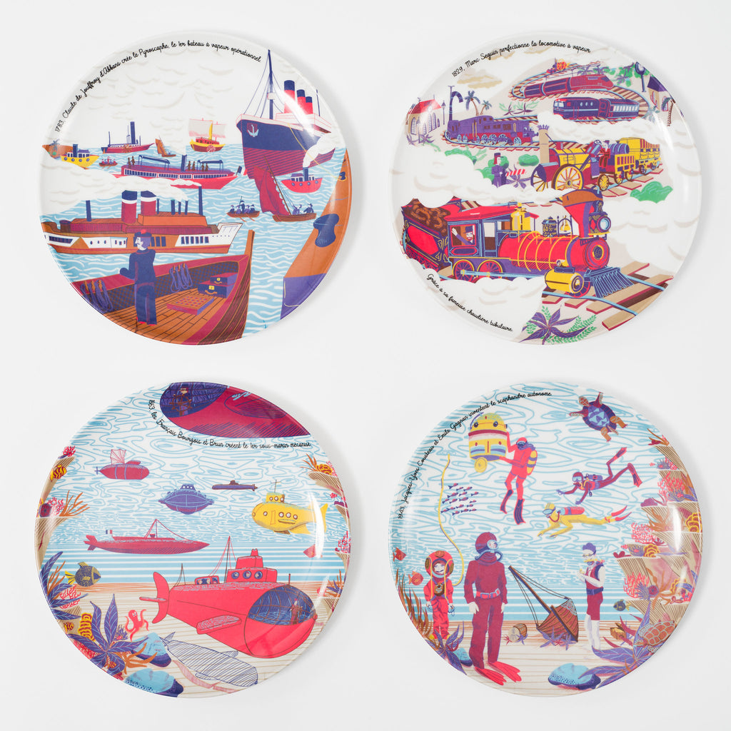 Coffret de 4 assiettes en mélamine biosourcée Grandes Inventions Françaises Volume 2.