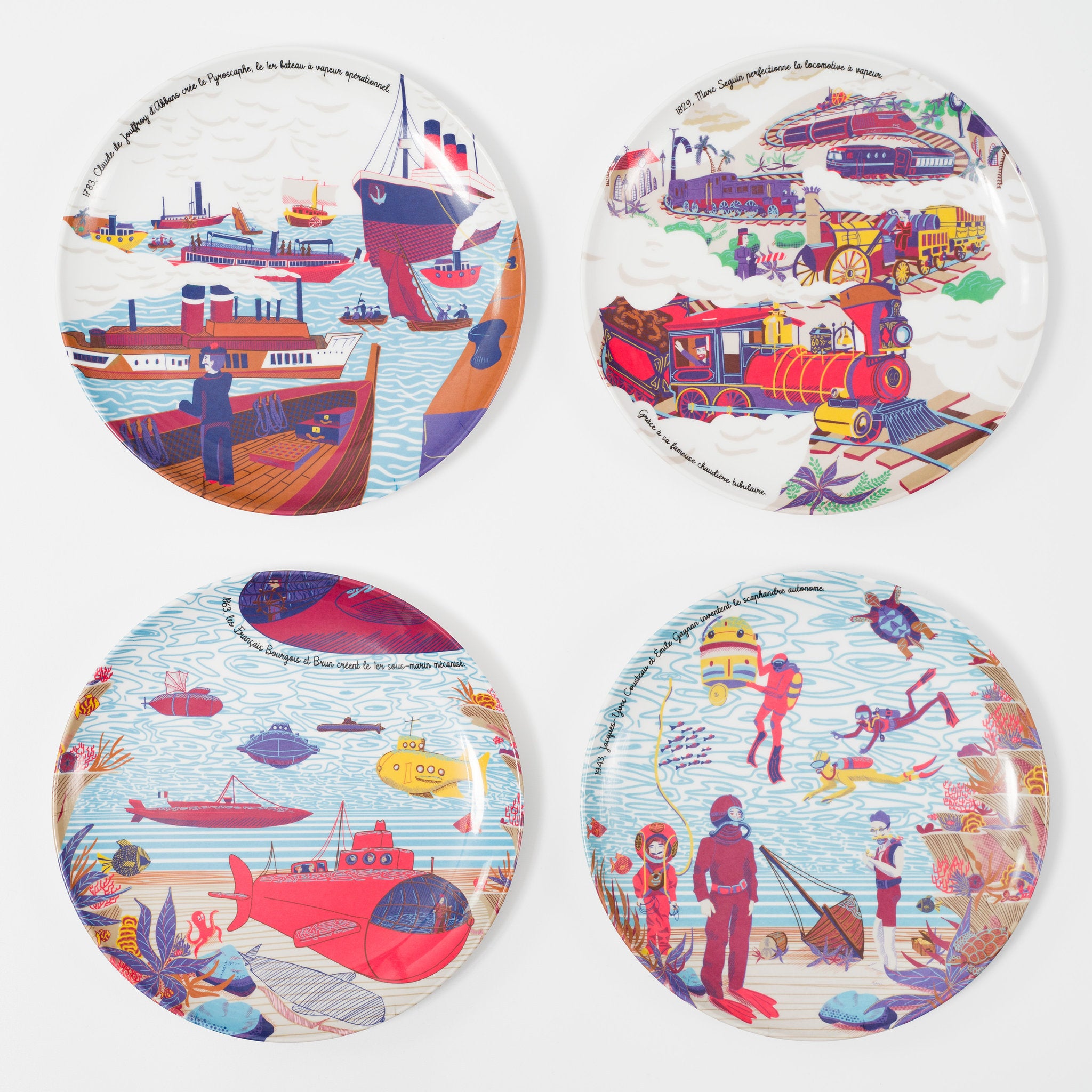 Coffret de 4 assiettes en mélamine biosourcée Grandes Inventions Françaises Volume 2.