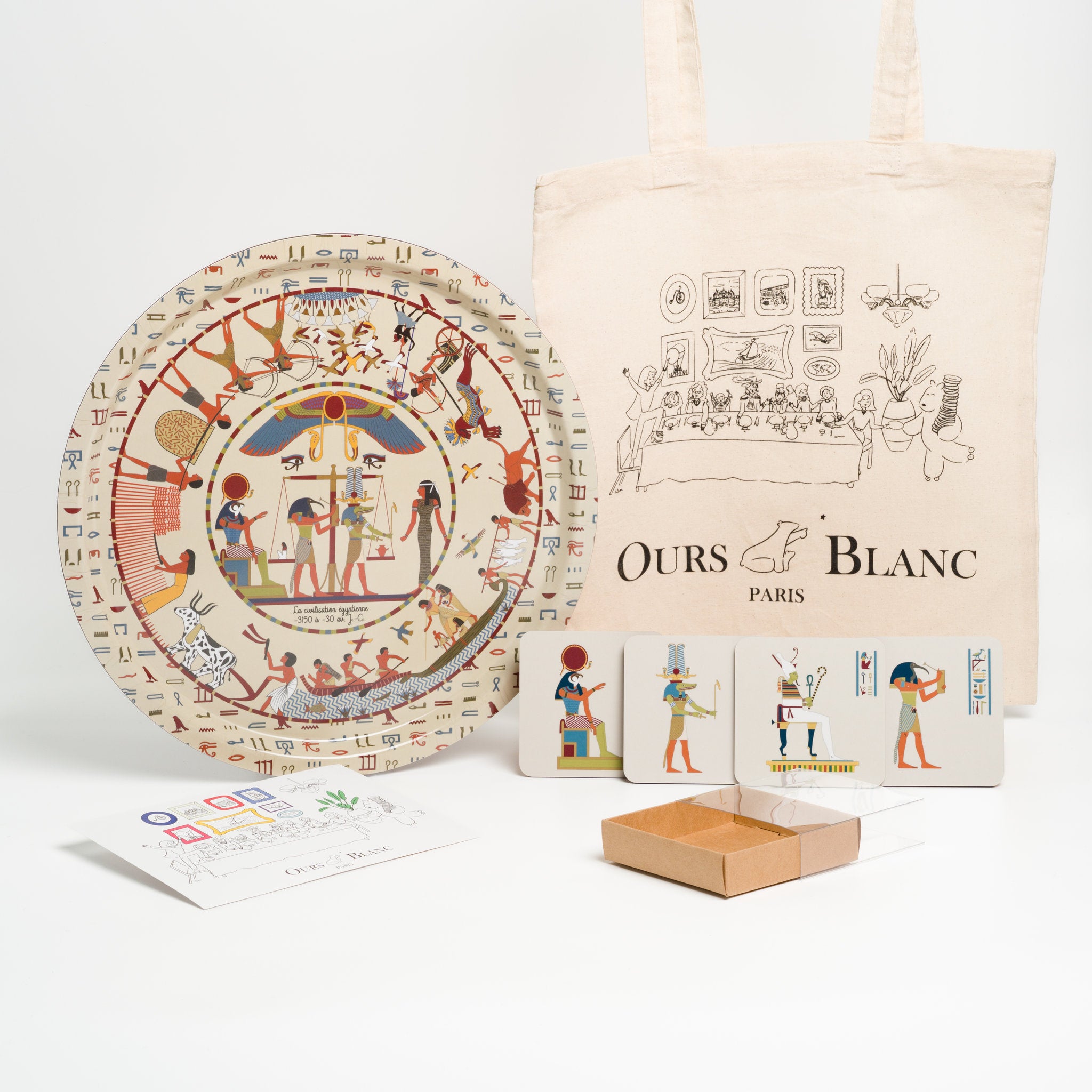 Set de dessous-de-verre historiques Égypte beige, prêt à offrir en tote bag. À offrir
