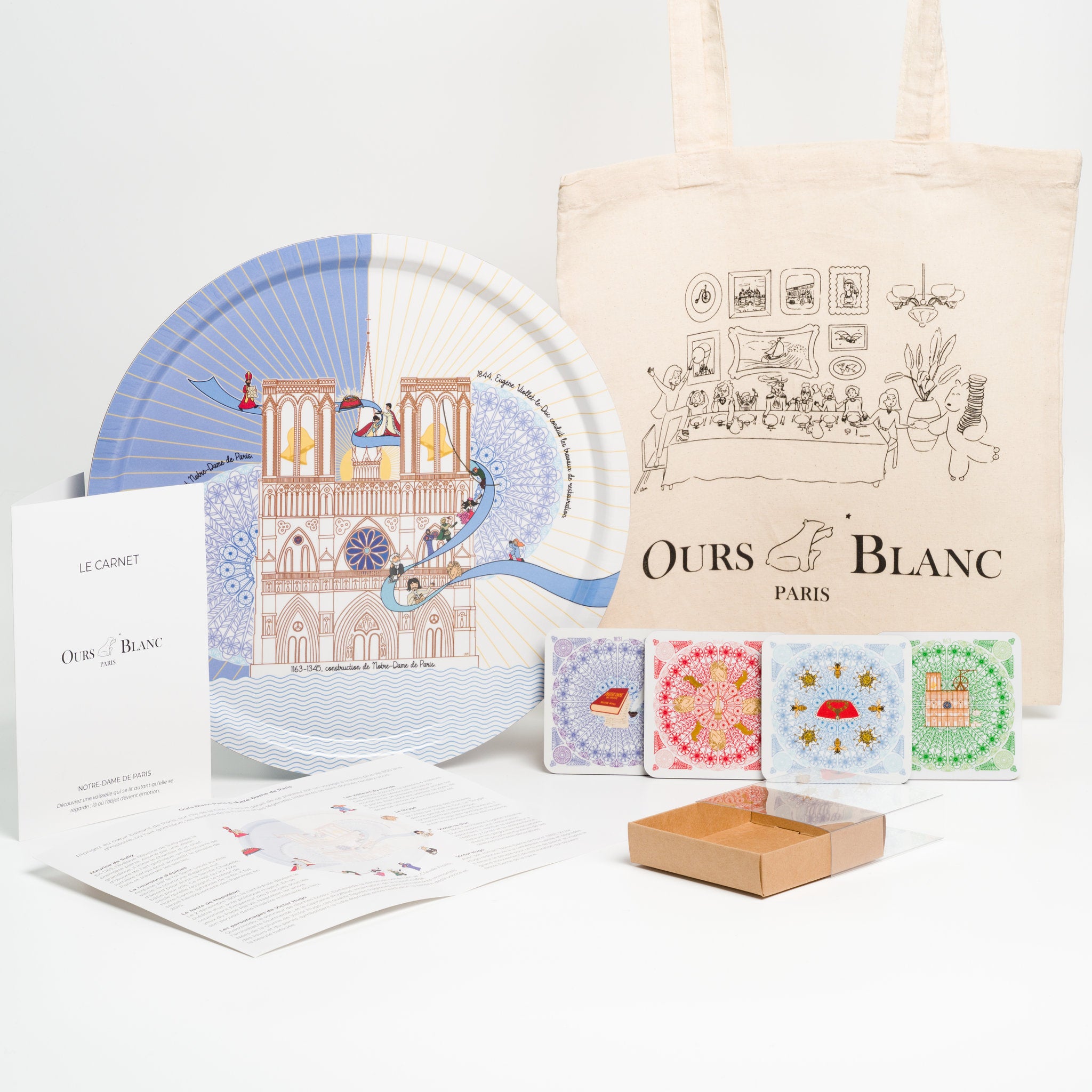 Coffret plateau et dessous-de-verre Notre-Dame, cadeau de manufacture haut de gamme.