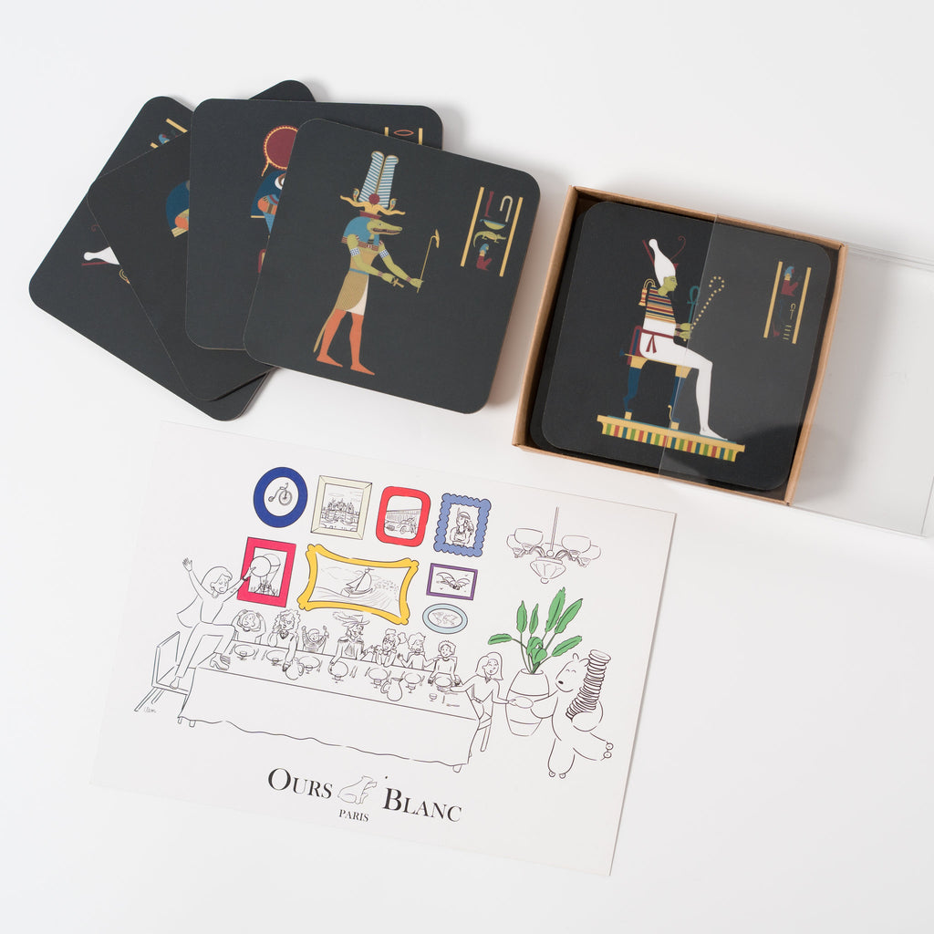 Set de dessous-de-verre historiques Égypte noir, prêt à offrir en coffret.