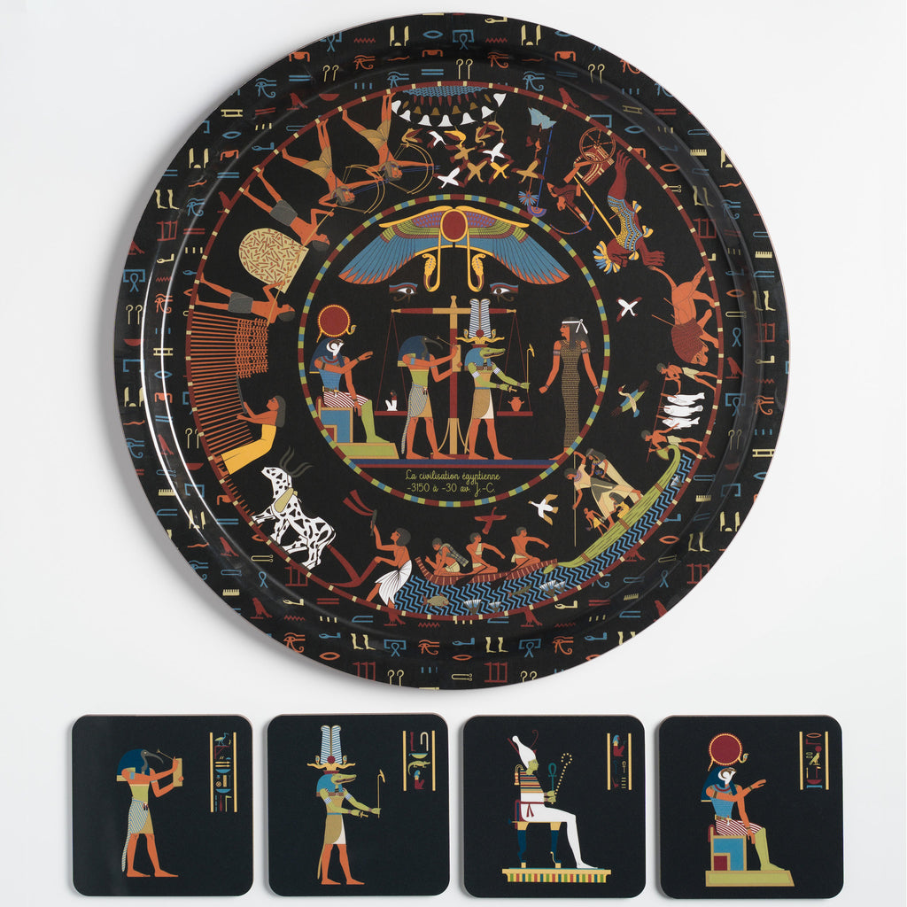Duo plateau et dessous-de-verre Égypte Noir, coffret de manufacture française. Ours Blanc Paris