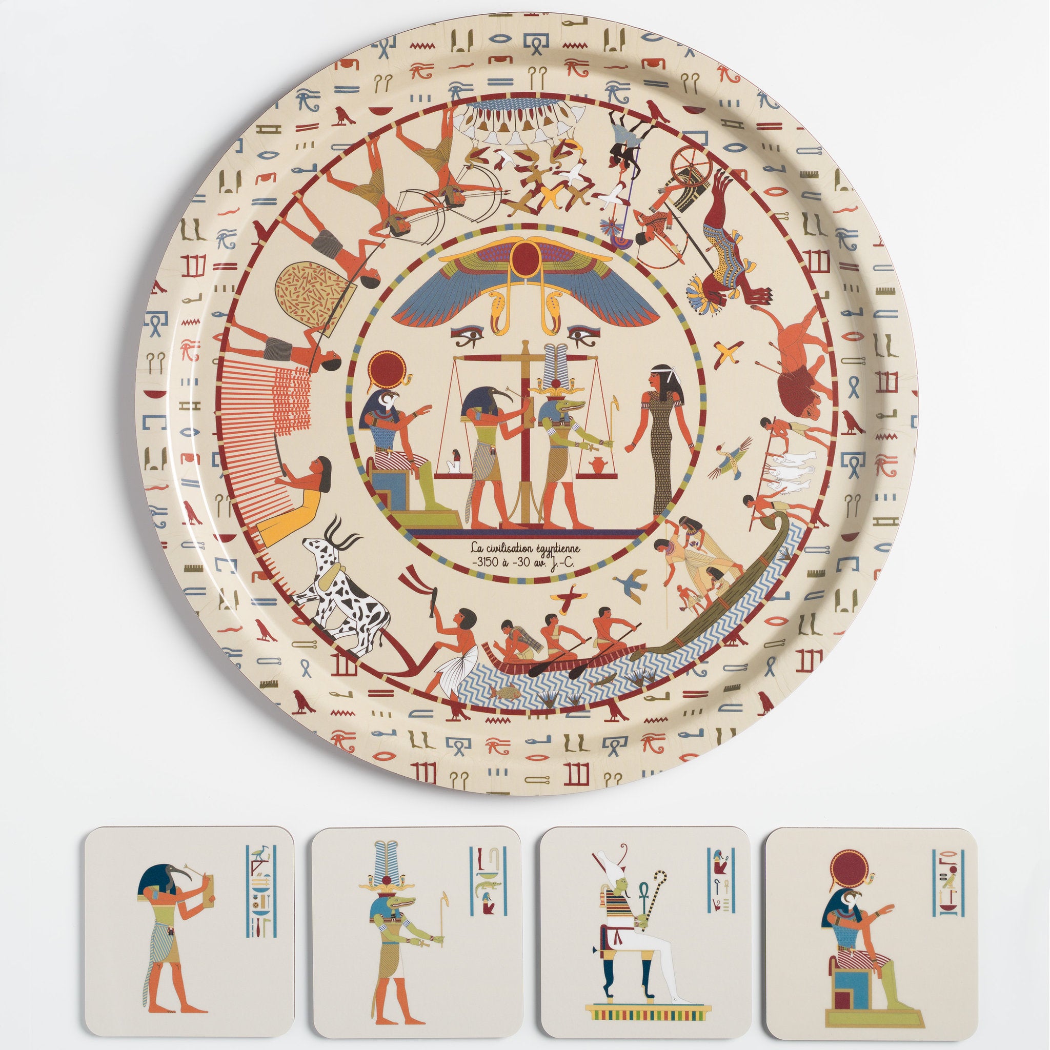 Ensemble plateau et dessous-de-verre beige Égypte, manufacture française du Jura.