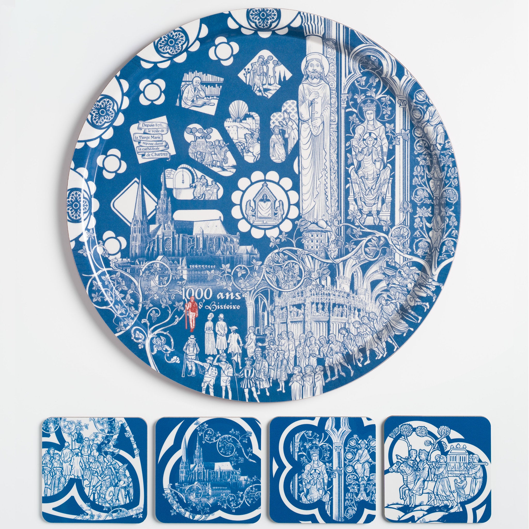 Service de table Chartres : plateau et dessous-de-verre de manufacture en bois.