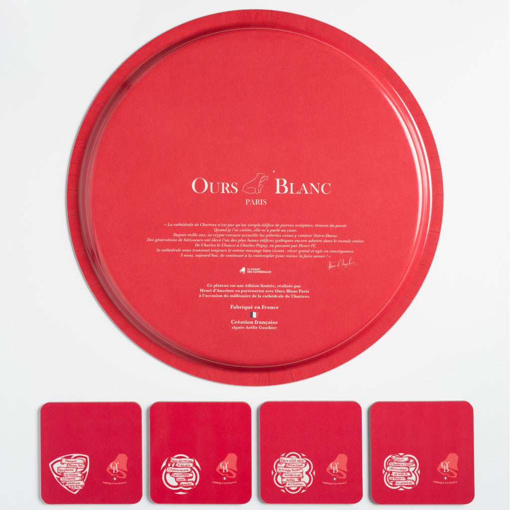 Détails historiques de la Cathédrale de Chartres au verso du plateau de manufacture. Avec dessous de verre.