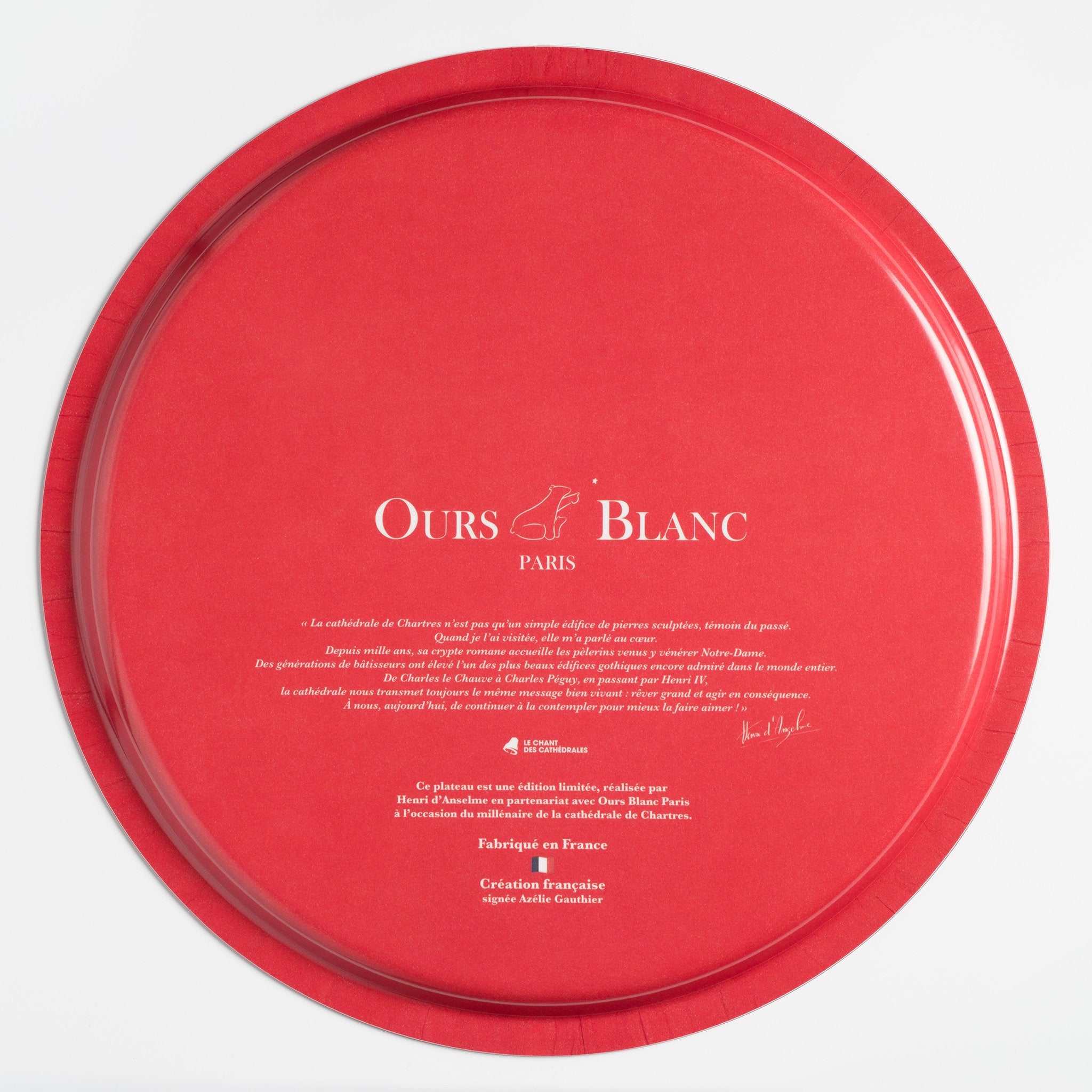 Détails historiques de la Cathédrale de Chartres au verso du plateau de manufacture.